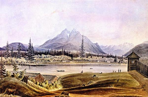 James Madison Alden Hudson's Bay Company Fort Langley, Left Bank Of Fraser River, Langley Butte In The Distance