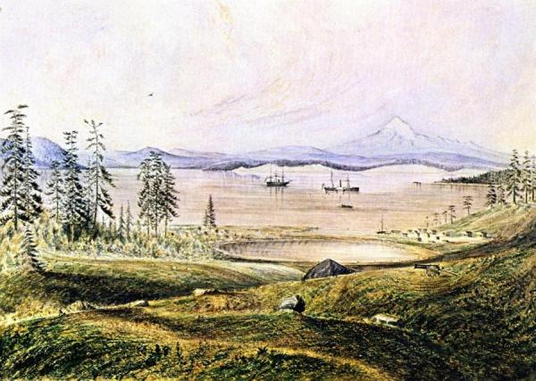 James Madison Alden View From Hill On San Juan Island Looking South With Ontario Roads, Active And Ewing At Anchor, Lopez Island And Mount Baker In The Distance
