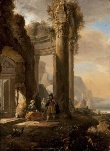 A Ruined Colonnade And Figures By A Harbour by Jan Baptist Weenix Oil Painting Reproductions