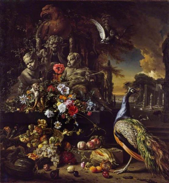 Flowers On A Fountain With A Peacock by Jan Baptist Weenix