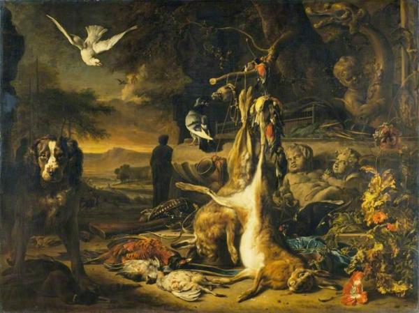 Hares And Pheasant At A Fountain With A Dog by Jan Baptist Weenix