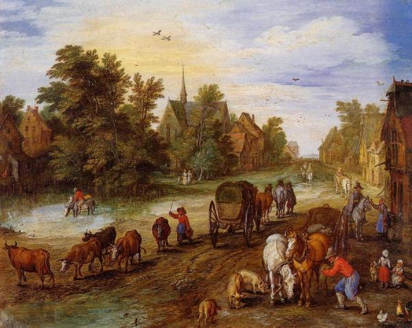 Busy Village Street With Resting Travellers by Jan Bruegel The Elder