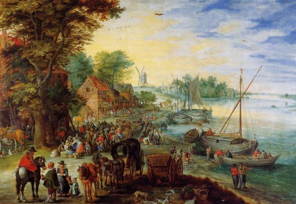 Fish Market On The Banks Of The River by Jan Bruegel The Elder