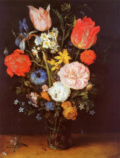 Flowers In A Glass Vase by Jan Bruegel The Elder