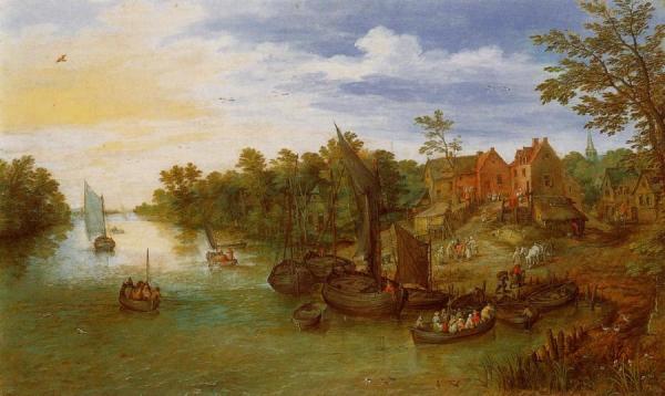 River Landscape With Landing by Jan Bruegel The Elder