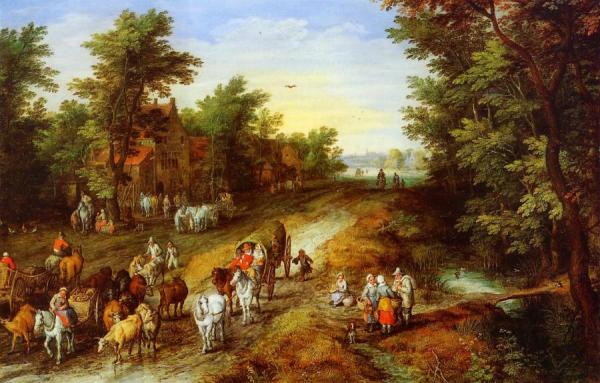 Rustic Landscape With Inn And Travellers by Jan Bruegel The Elder