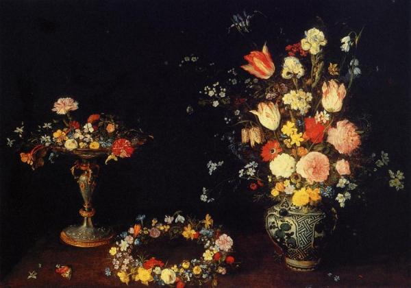 Still Life With A Tazza, Garland And Bouquet Of Flowers In A Porcelain Vase by Jan Bruegel The Elder