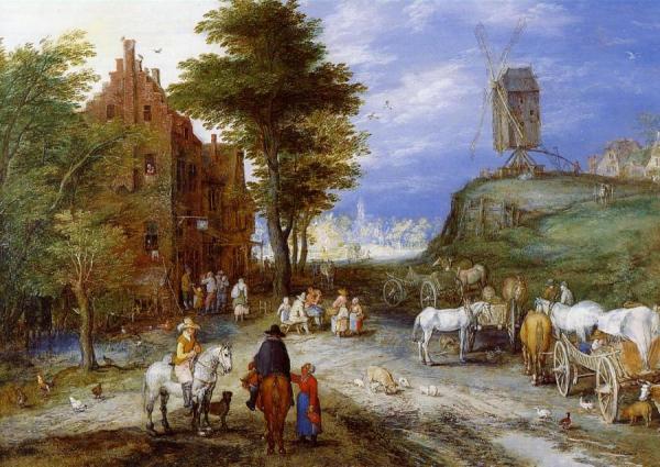 Village Entrance With Windmill by Jan Bruegel The Elder