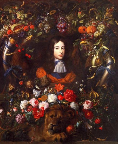 Flower Garland With Portrait Of William Iii Of Orange, Aged 10 by Jan Davidsz De Heem