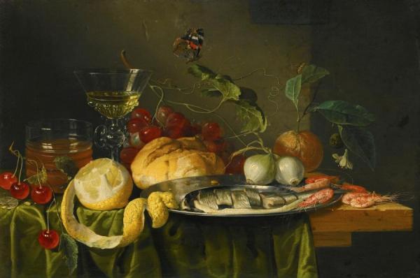 Still Life Of A Glass Of Wine With Grapes, Bread, A Glass Of Beer, Fruit, Etc. by Jan Davidsz De Heem