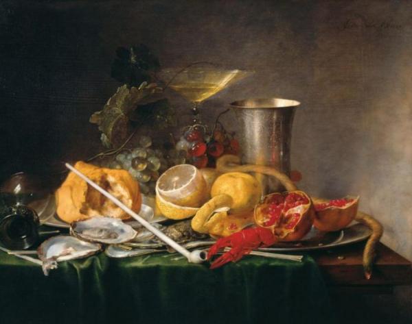 Still Life Of Breakfast With Champaign Glass, Fruits And A Pipe by Jan Davidsz De Heem