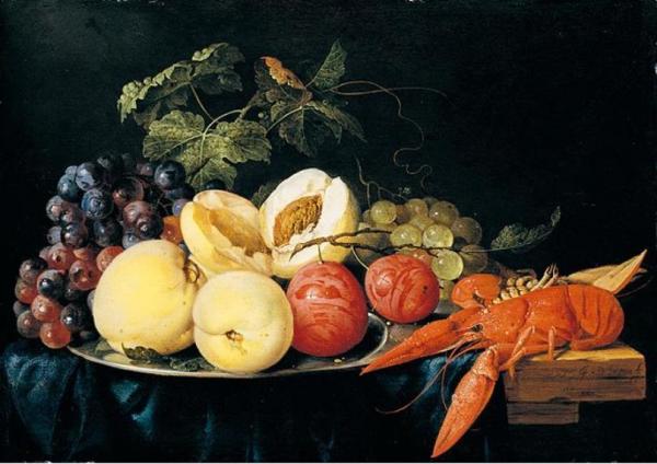 Still Life Of Peaches, Plums And A Lobster by Jan Davidsz De Heem