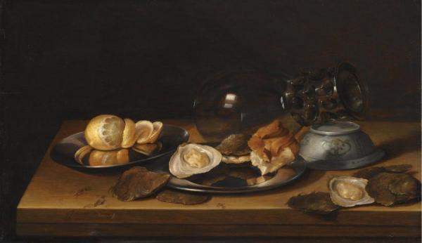 Still Life With A Roemer On Its Side, Two Pewter Plates, An Oyster And A Bread Roll by Jan Davidsz De Heem