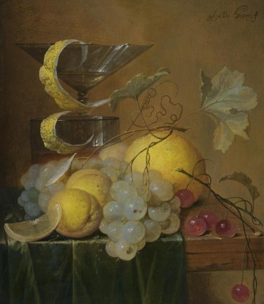 Still Life With A Wine Glass, Lemon Peel, Peaches, Grapes And Cherries by Jan Davidsz De Heem