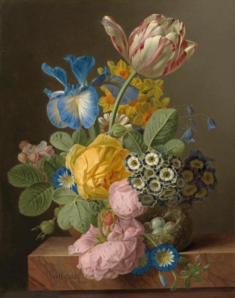 A Still Life Of Roses, A Tulip, An Iris, Morning Glory, Apple Blossom, Harebells, Auriculas And Narcissi In A Vase On A Stone Ledge, With A Bird's Nest by Jan Frans Van Dael