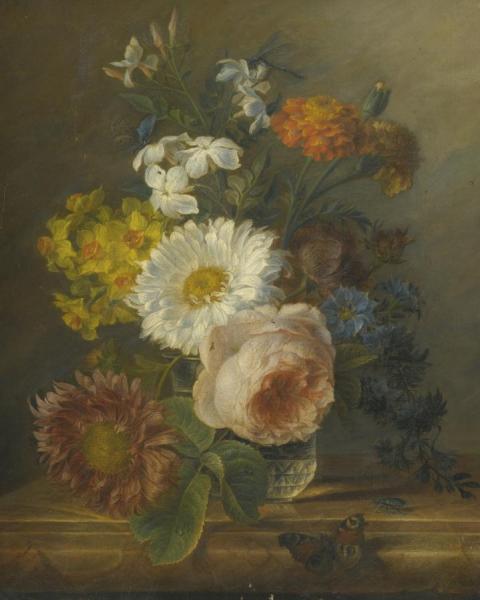 A Still Life With Daffodils, A Rose And Other Flowers In A Vase With A Butterfly, A Dragon Fly And A Beetle by Jan Frans Van Dael