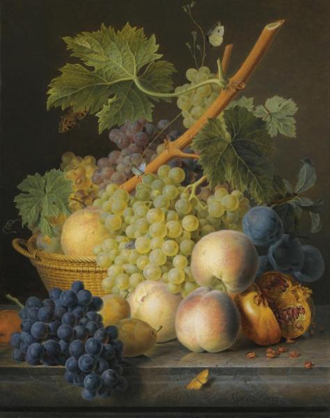 A Still Life With Grapes And Peaches In A Basket by Jan Frans Van Dael