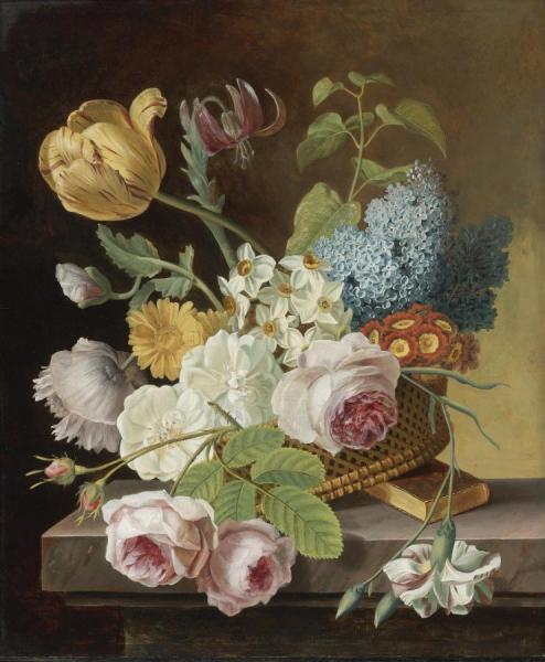 Flower Still Life With Roses, Tulips, Narcissi, And Other Flowers In A Basket On A Ledge by Jan Frans Van Dael