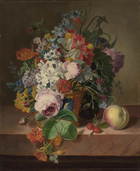 Still Life Of Flowers In A Basket With A Peach On A Ledge by Jan Frans Van Dael Oil Painting Reproductions