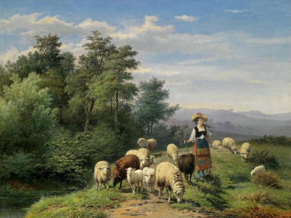 Shepherdess And Flock In An Open Landscape by Jan Frederik Pieter Portielje
