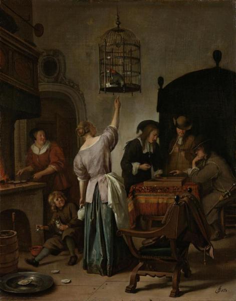 Interior With A Woman Feeding A Parrot(the Parrot Cage) by Jan Havicksz Steen