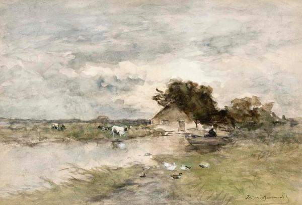 A Farmhouse In A Polder Landscape by Jan Hendrik Weissenbruch