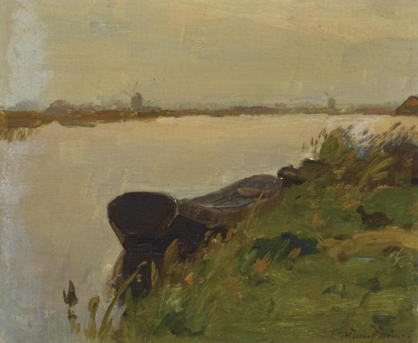 A Moored Boat In A Polder Landscape by Jan Hendrik Weissenbruch