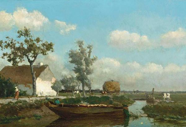 A Polder Landscape With A Figure On A Barge by Jan Hendrik Weissenbruch