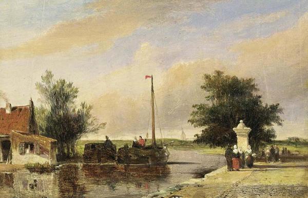 A River Landscape With Boats And Figures On A Quay by Jan Hendrik Weissenbruch
