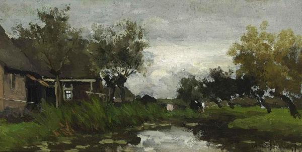 Farmhouses On The Waterfront by Jan Hendrik Weissenbruch