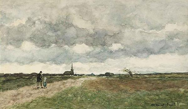 Figures On A Country Road, A Church In The Distance by Jan Hendrik Weissenbruch Oil Painting Reproductions
