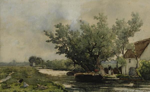 Peasants Near A Farmhouse In A Polder Landscape by Jan Hendrik Weissenbruch