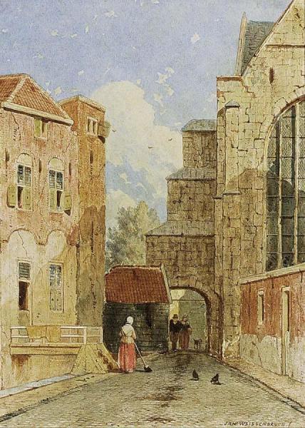 Town Scene With Figures In A Street by Jan Hendrik Weissenbruch