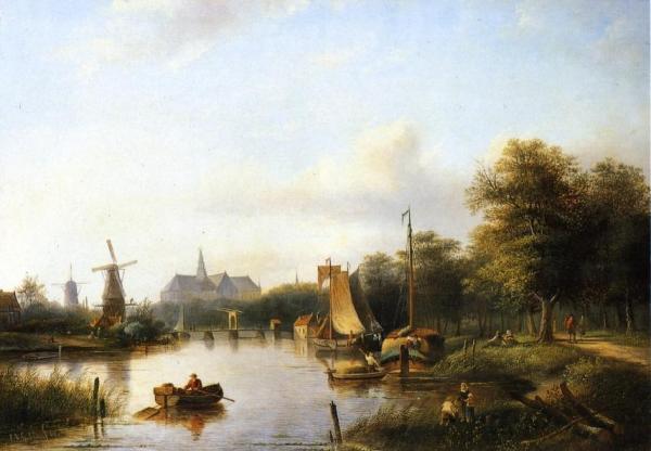 A View Of The River Spaarne, Haarlem, With Moored Shipping And A Hay-barge, The St. Bavo Church In The Background by Jan Jacob Spohler Oil Painting Reproductions
