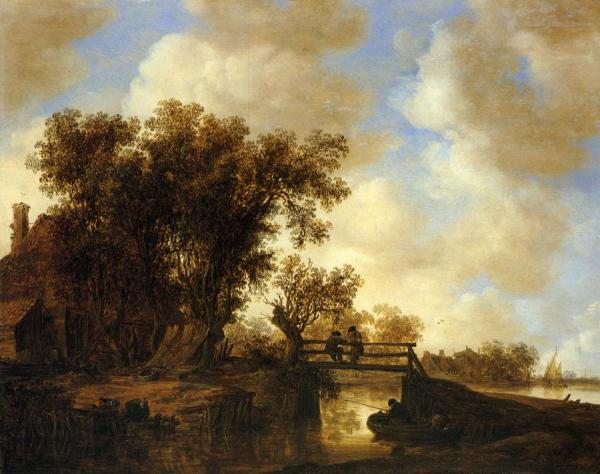 A River Landscape With A Footbridte And Fishermen by Jan Josefz Van Goyen