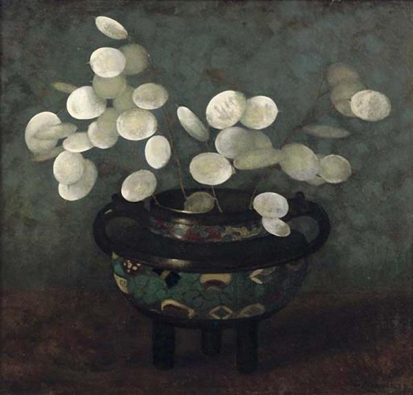 Silver Dollar Plant In A Japanese Jug by Jan Mankes