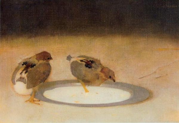 Two Chicks With A Tin Plate by Jan Mankes