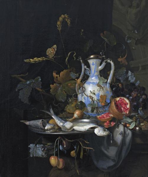 A Still Life With A Chinese Porcelain Jug, A Pewter Plate With A Herring, A Pomegranate, Etc. by Jan Mortel
