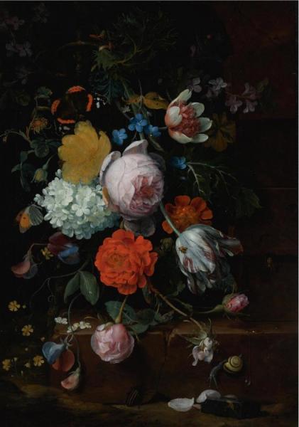 Peonies, Tulips, Roses And Other Flowers On A Ledge by Jan Mortel