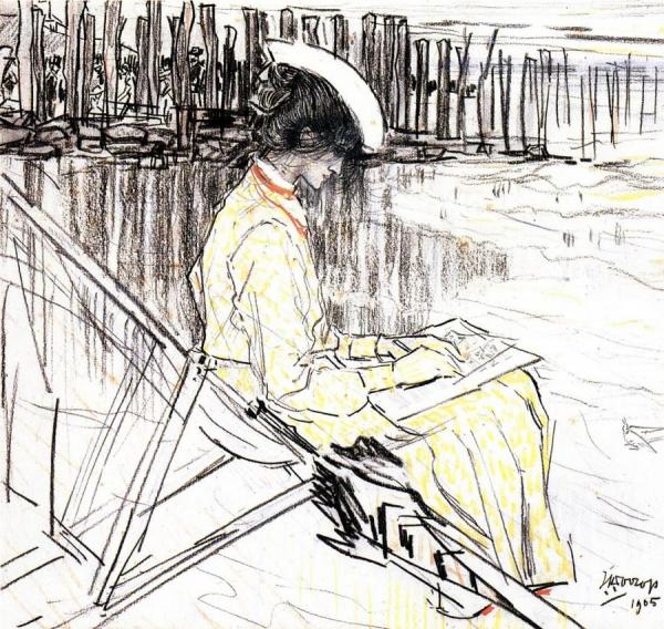 Portrait Of Emma Bellwidt On The Beach At Domburg by Jan Toorop