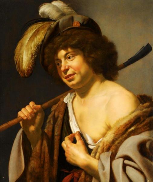 A Shepherd, Wearing A Plumed Hat, Holding A Staff In His Right Hand by Jan Van Bijlert