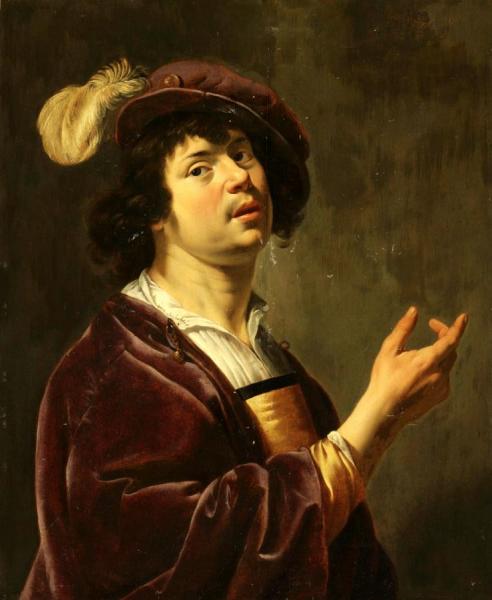 A Young Man, Half Length, Wearing A Burgundy Jacket And A Feathered Cap by Jan Van Bijlert