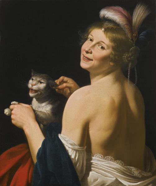 A Young Woman Playing With A Cat by Jan Van Bijlert