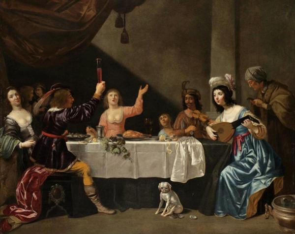 An Interior Scene With Musicians And Elegant Figures Dining by Jan Van Bijlert