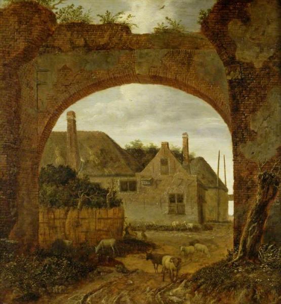 Farm Buildings Seen Through An Archway by Jan Van Der Heyden