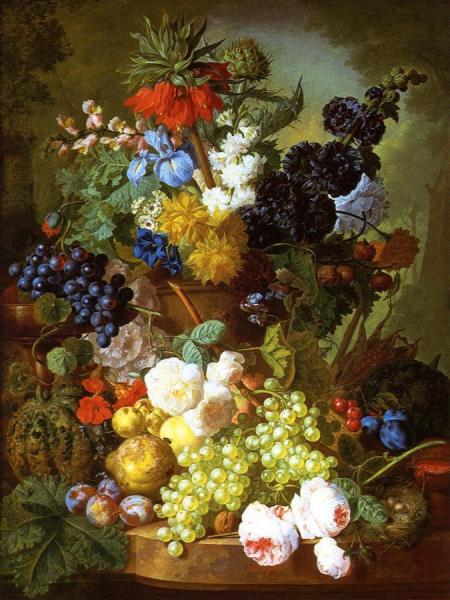 Still Life Of Flowers, Fruit And Bird's Nest On A Marble Ledge by Jan Van Os