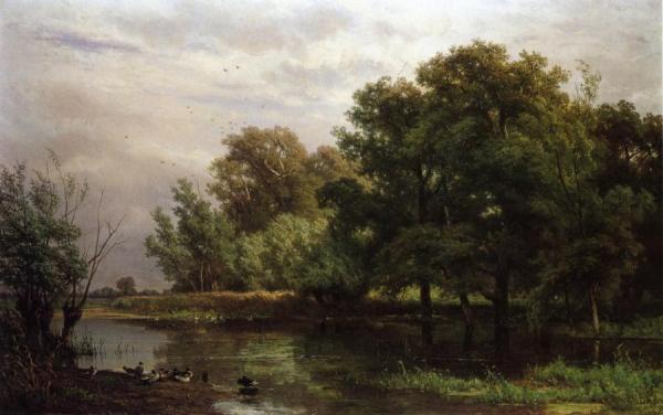 A Wooded River Landscape With Ducks On A Bank by Jan Willem Van Borselen