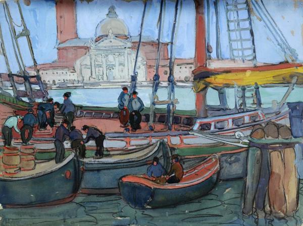 Jane Peterson Boats, Unloading By A Dock, Venice