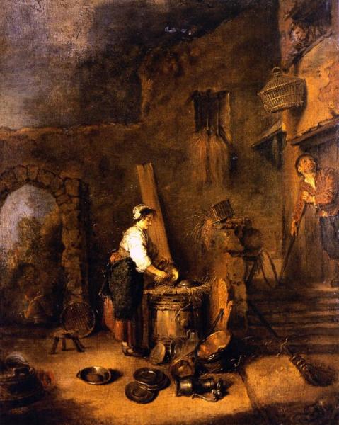 Woman Cleaning Copper by Jean-antoine Watteau