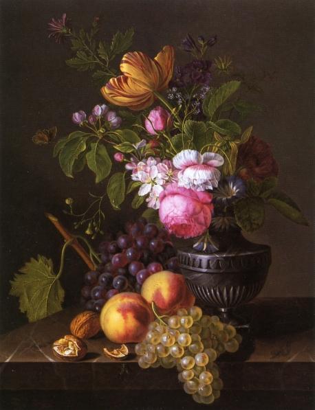 Still Life With Flowers, Peaches And Grapes by Jean-baptiste Desprest